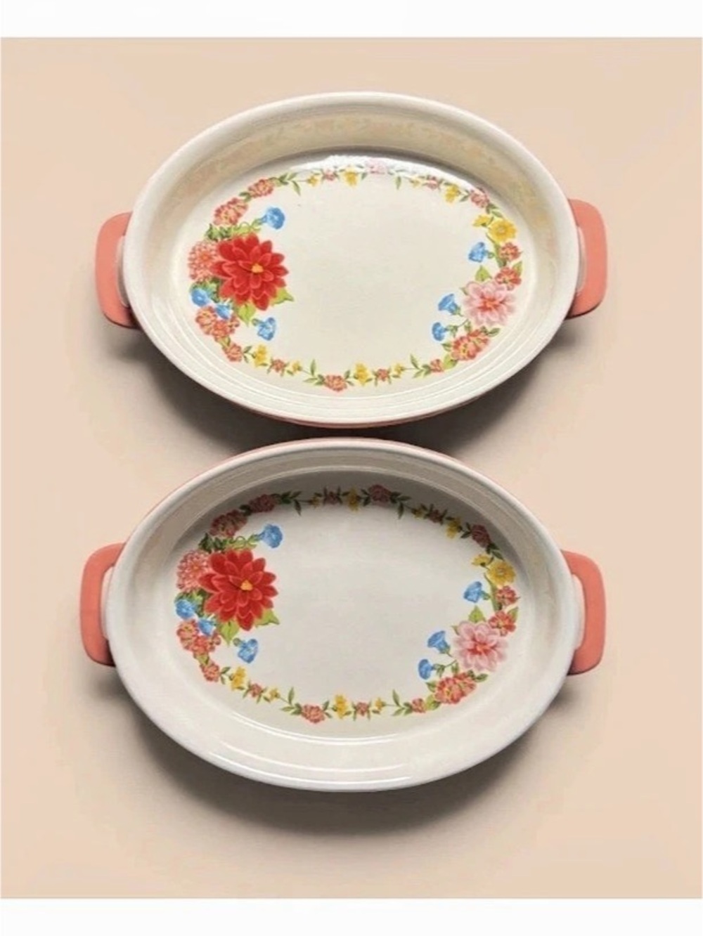 Pioneer Woman Sweet Romance Floral Oval Baking Dishes Orange & White Like New -
